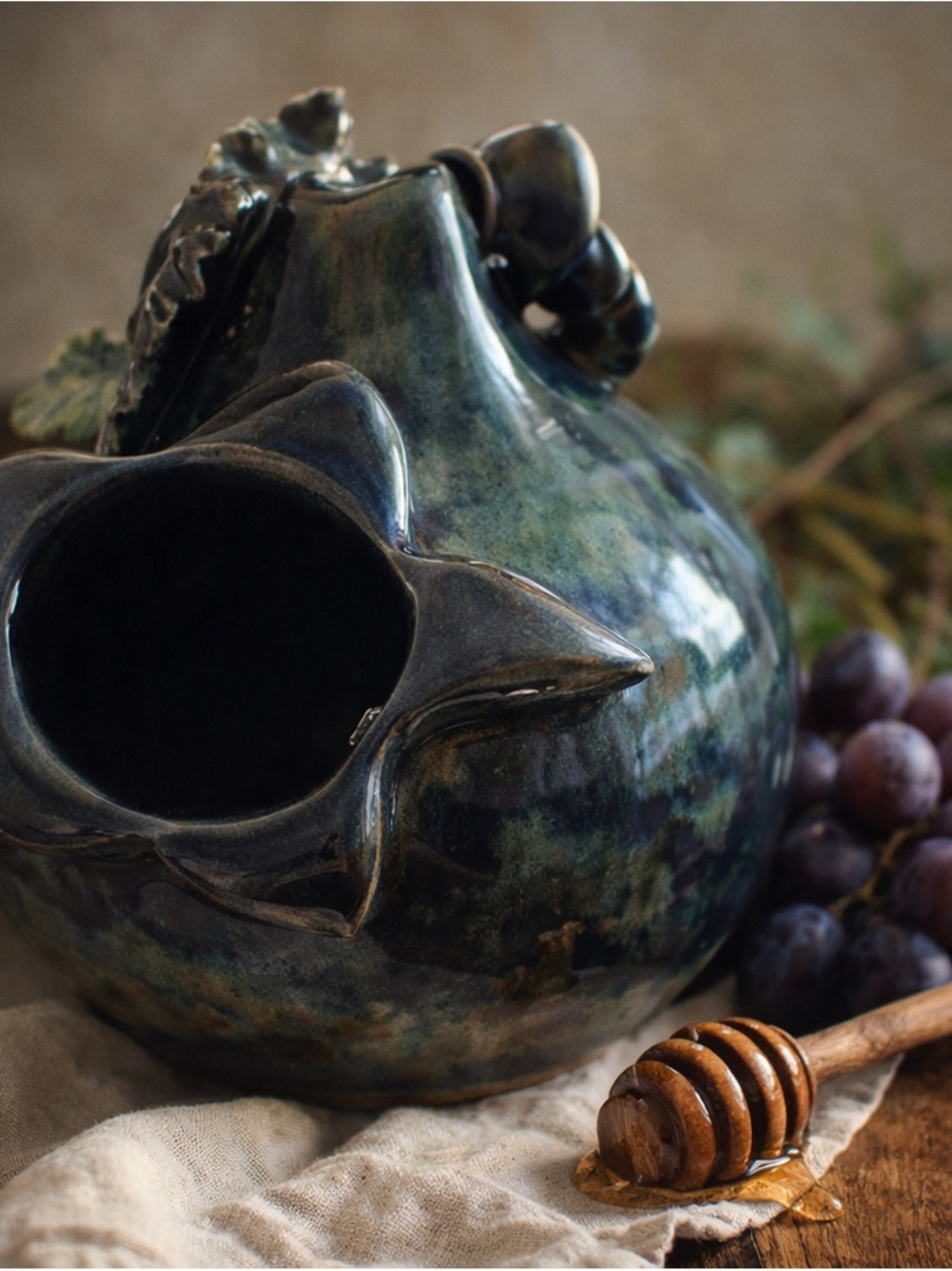 Signed Claudia Cartee (KA) Studio Pottery Grape Vase Southern Botanical Folk Art